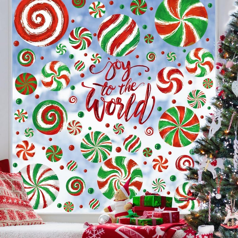 DULEFUN Christmas Window Clings, Candy Window's Clings Decals Oil Painting Christmas Red Green Candy Stickers for Xmas Party Home Office Decor Winter Holiday Glass Window Decoration - Image 3